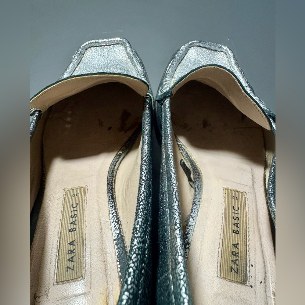 ZARA Shimmery Silver Leather Square Toe Loafers - Picture 8 of 9